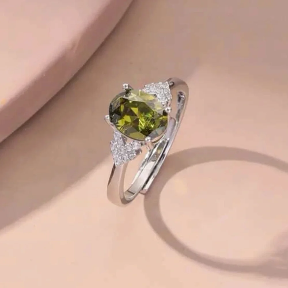 New Sterling Silver Elegant Minimalist Adjustable Peridot & White Sapphire Ring
